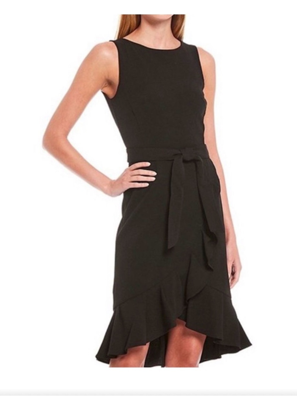 Calvin Klein Black Ruffle Tulip Hem Stretch Crepe Belt  Dress Size 14 New